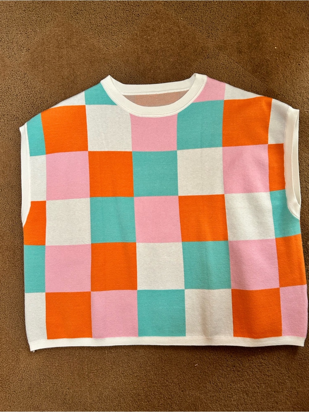Amazon Colorblock Checkerboard Sleeveless Crop Top - Orange, Pink, Teal & White